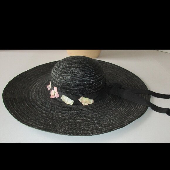 Vintage 1970's Black Wide Brim Straw Cartwheel Hat w/Flowers Made In Italy - Picture 7 of 8